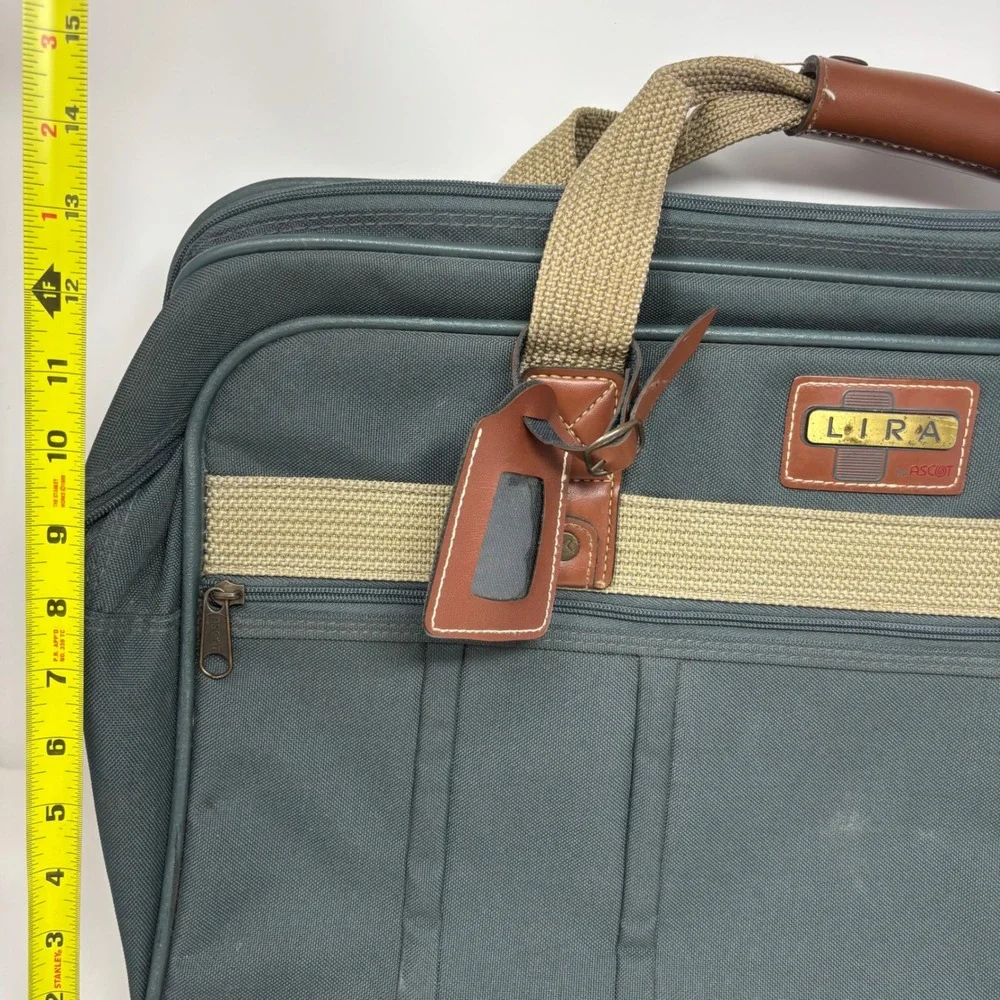 Lira by Ascot Vintage Canvas Briefcase Laptop Bag Green Brown Trim Carry On 20